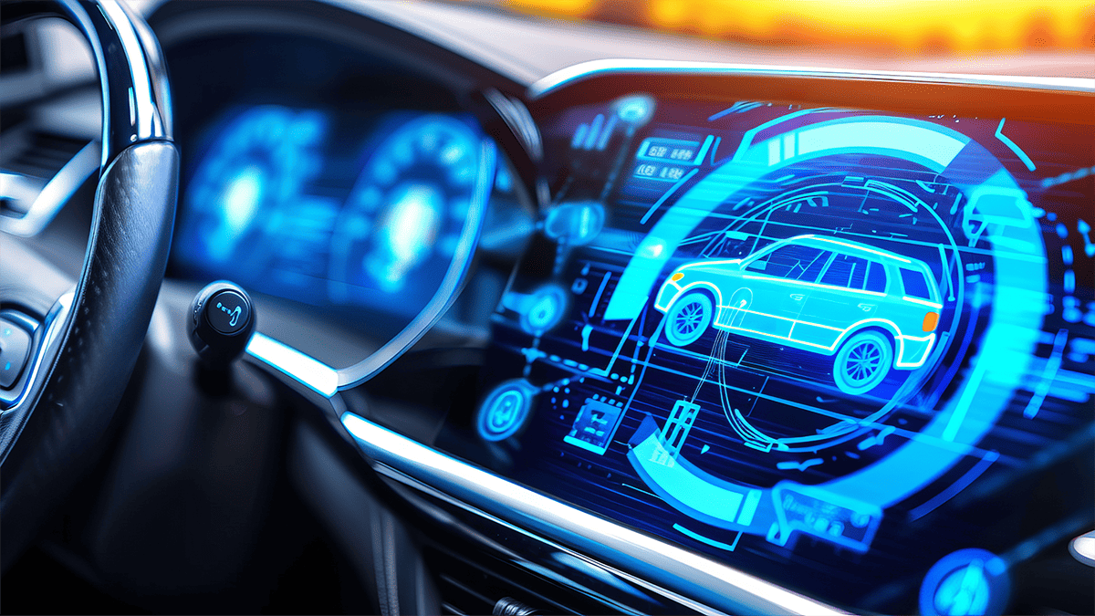 Futuristic car dashboard with glowing blue digital displays.